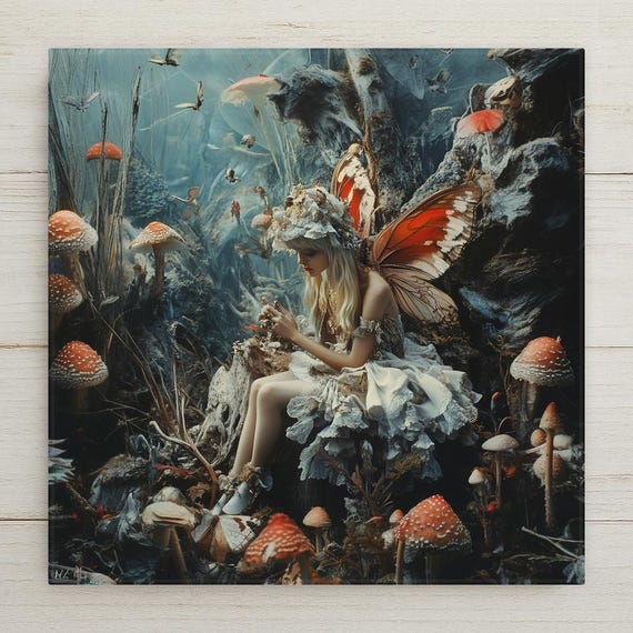 Enchanted Forest Ceramic Tile: Fairycore Wall Art with Mushrooms and Butterflies for Home Decor