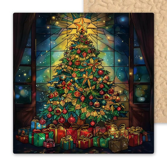 Stained Glass Style Christmas Tree Tile: Holiday Wall Art Decor