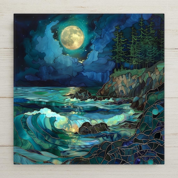 Pacific Northwest Wall Art Ceramic Tile – Moonlit Ocean Cliff Decor – Emerald Coastal Home Decor – Rustic Cabin Wall Decor