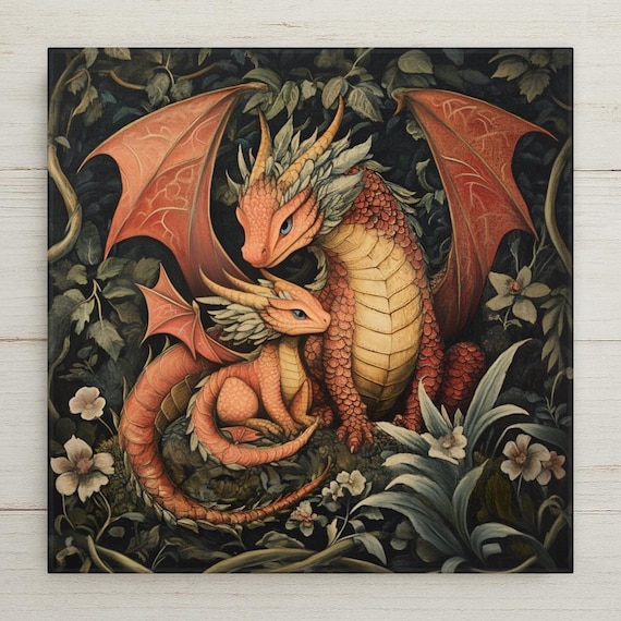 Art Nouveau Dragon Family Ceramic Tile Wall Art – Fantasy Mother and Baby Home Decor, Dragon Wall Decor Gift, Botanical Myth Illustration