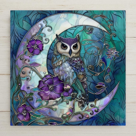 Ceramic Owl Tile: Stained Glass Moon & Flowers - Whimsical Wall Art