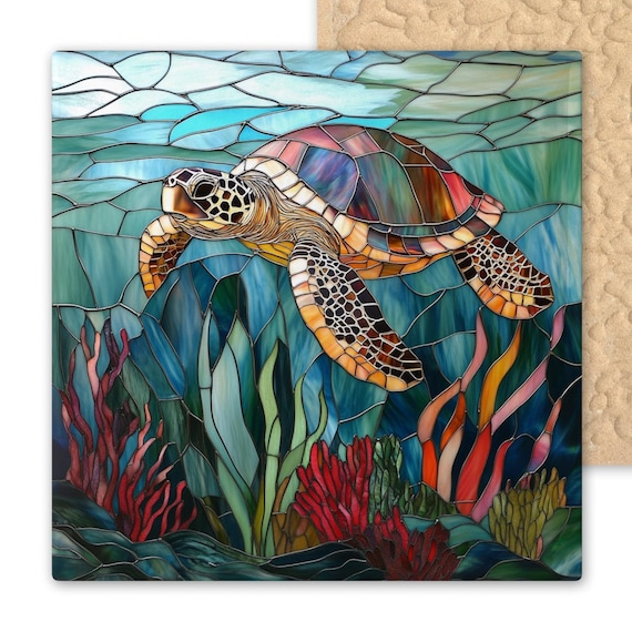 Sea Turtle Ceramic Tile Art – Multicolored Stained Glass Ocean Wall Decor – Coastal Sea Life Gift – Handmade Underwater Nature Tile