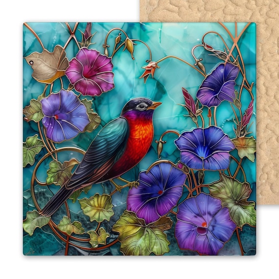 Morning Glory Red Robin Ceramic Tile Art: Stained Glass Style Bird Wall Decor for Nature Lovers