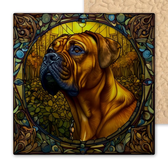 Art Nouveau Boxer Dog Ceramic Tile - Mucha Inspired Wall Decor, Trivet, Coaster - Boho Pet Lover Gift