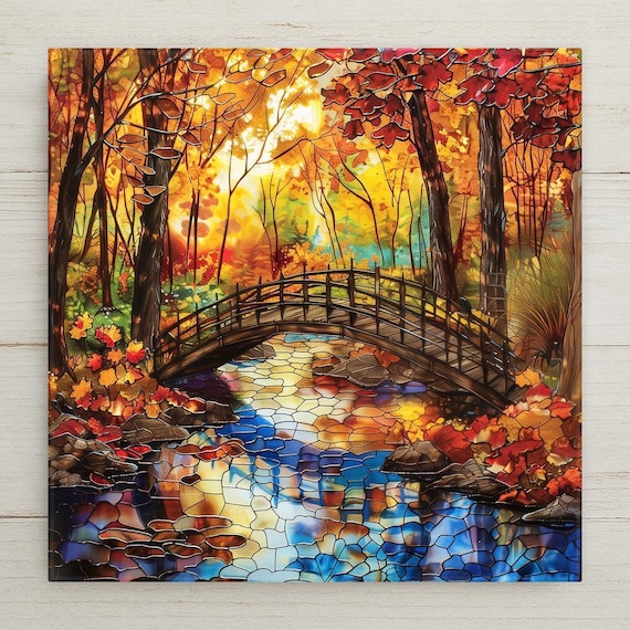 Rustic Autumn Bridge Tile Art: Stained Glass Style Landscape for Fall Decor & Farmhouse Walls