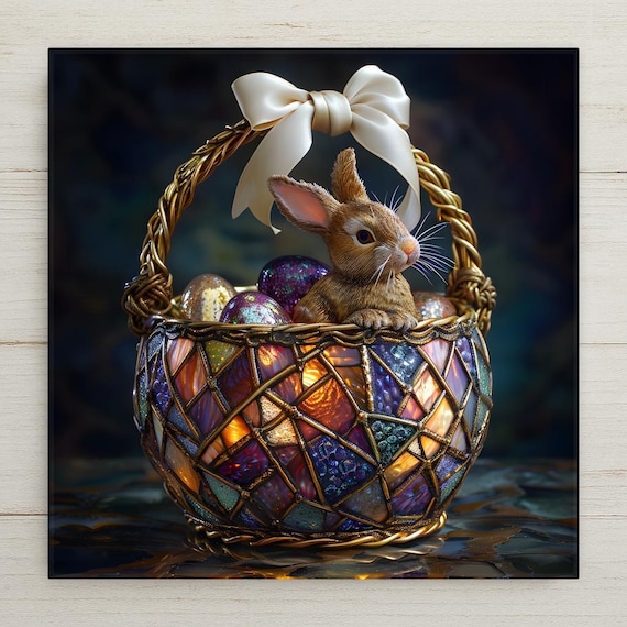 Stained Glass Easter Bunny Basket Wall Art Ceramic Tile – Luxury Jewel Tone Spring Decor, Christian Easter Home Accent
