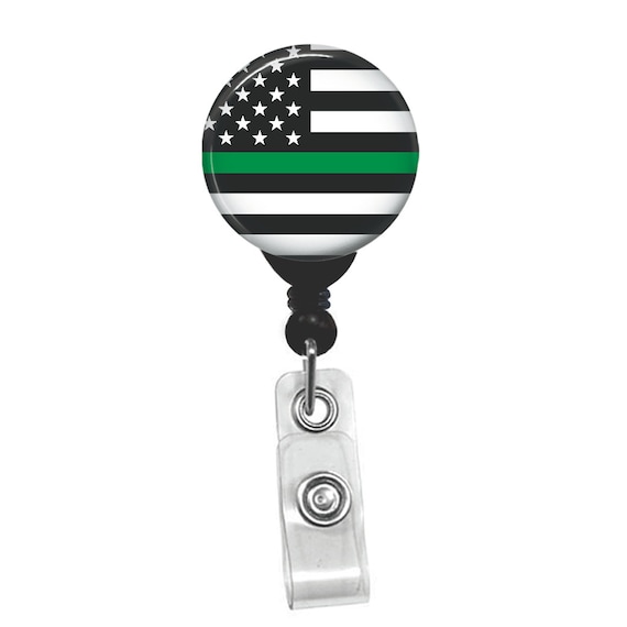 Thin Green Line Flag Badge Reel – Patriotic Support Retractable ID Holder – Green Line American Flag Clip Badge for EMT and Park Rangers