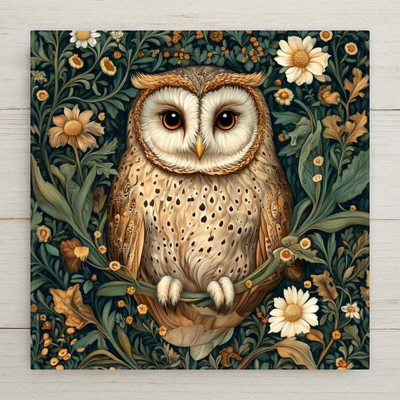 Vintage-Inspired Woodland Owl Ceramic Tile Wall Decor - Art Nouveau William Morris Style Trivet