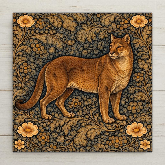 Cougar Wall Art Ceramic Tile Wildlife Lover Gift Cabin Lodge Decor Mountain Lion Art William Morris Style Nature Tile