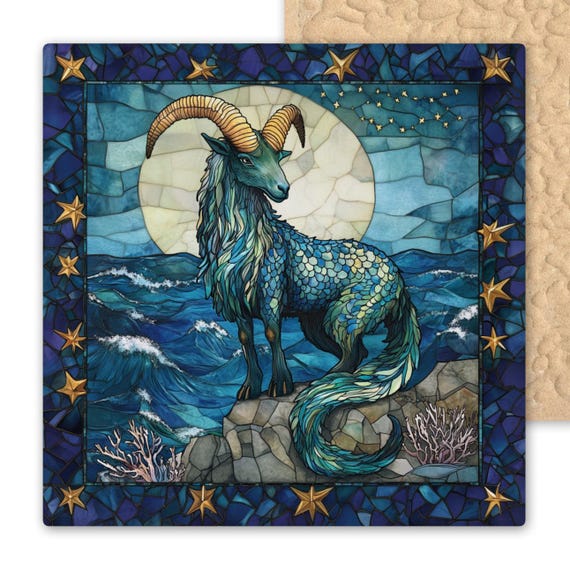Capricorn Zodiac Sea Goat Stained Glass Tile - Astrology Ocean Decor for Birthday Gift & Home Art
