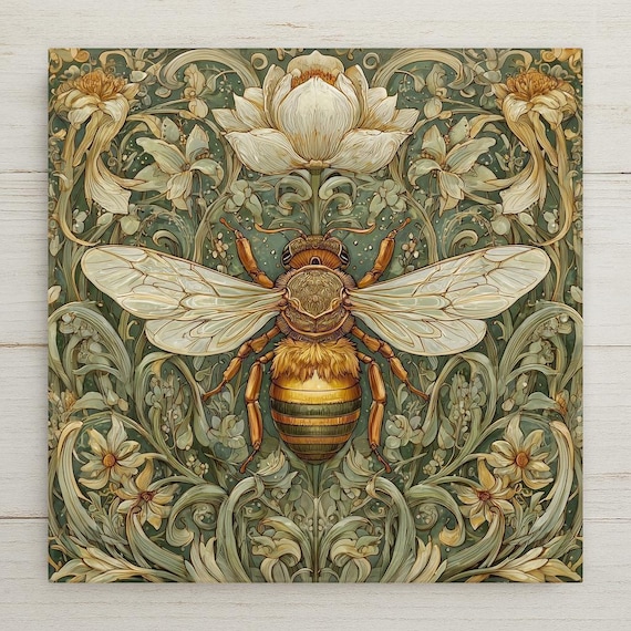 Art Nouveau Bee Ceramic Tile Wall Decor – Botanical Insect Illustration, Nature Home Decor, Cottagecore Wall Art Gift