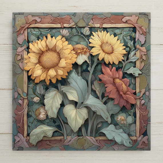 Handcrafted Sunflower Ceramic Tile: Rustic Botanical Wall Art for Garden, Porch, Kitchen, Cottage & Farmhouse