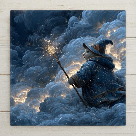 Enchanting Wizard Cat Wall Art: Mystical Feline in Starry Robe with Staff - Whimsical Fantasy Print