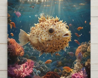 May include: A spiky, tan-coloured pufferfish swims in clear blue ocean water surrounded by a vibrant coral reef. The scene includes various small, colourful tropical fish darting between pink, orange, and red coral formations under sunlight.