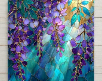 Wisteria Wall Art Ceramic Tile Stained Glass Style William Morris Gift Floral Decor Purple Botanical Nature Art