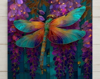 Dragonfly Wisteria Wall Art Ceramic Tile Stained Glass Style Purple Garden Memorial Gift Nature Decor