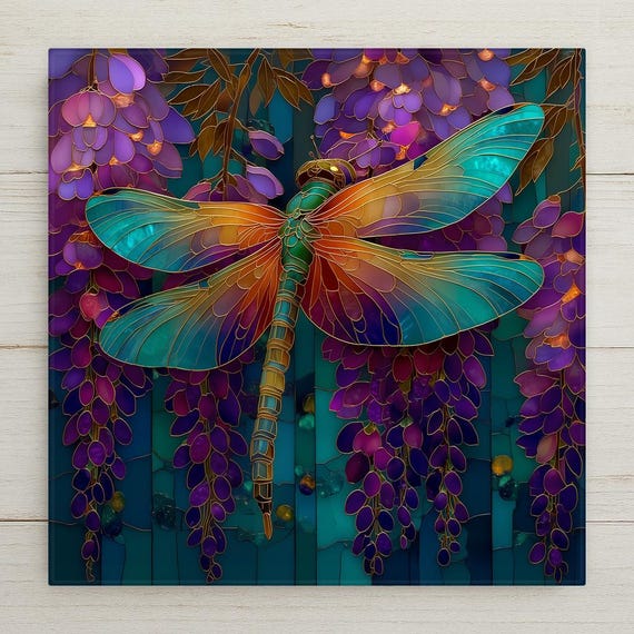 Dragonfly Wisteria Wall Art Ceramic Tile Stained Glass Style Purple Garden Memorial Gift Nature Decor