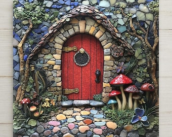 Fairy Door Ceramic Tile Wall Art Fairy Garden Decor Whimsical Cottage Red Door Mushroom Magical Woodland Accent Tile