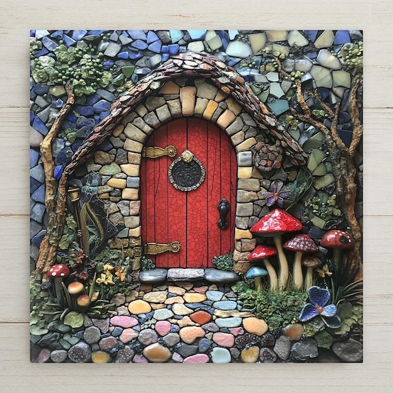 Mosaic Fairy House Tile Art: Red Door Cottagecore Wall Decor