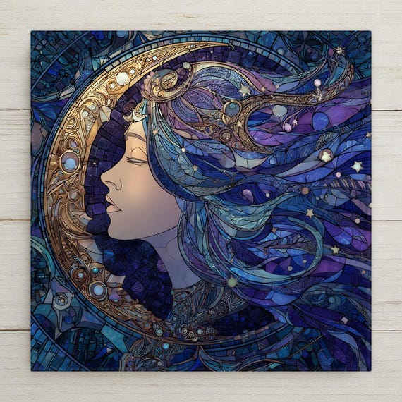 Moon Goddess Ceramic Tile Wall Art – Stained Glass Style Celestial Home Decor, Fantasy Artwork, Gift for Moon Lovers
