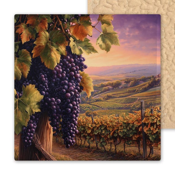 Rustic Tuscany Vineyard Ceramic Art Tile - Sunset Wine Country Wall Decor for Kitchen & Farmhouse