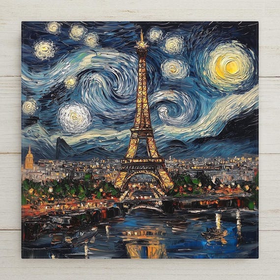 Eiffel Tower Starry Night Ceramic Tile: Van Gogh Impressionist Art