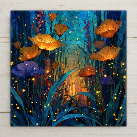 Poppy Garden Wall Art Ceramic Tile Stained Glass Style Floral Gift Firefly Nature Art Botanical Decor Garden Lover Gift