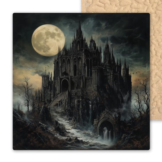 Gothic Castle Ceramic Tile Art: Haunted Cathedral Moonlit Scene - Dark Fantasy Wall Decor for Halloween