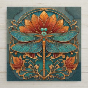 May include: A square wall art print featuring a central dragonfly with iridescent teal wings and a segmented body. The dragonfly is framed by stylized orange and red floral petals and gold filigree scrollwork against a dark teal background.