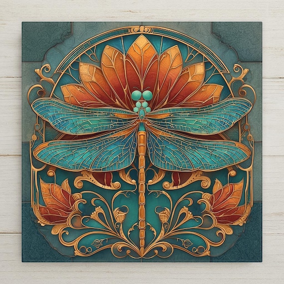 Dragonfly Art Deco Ceramic Art Tile: Vintage Bronze Art Nouveau Wall Decor 1920s Gallery Home Decor Insect Lover Gift Retro
