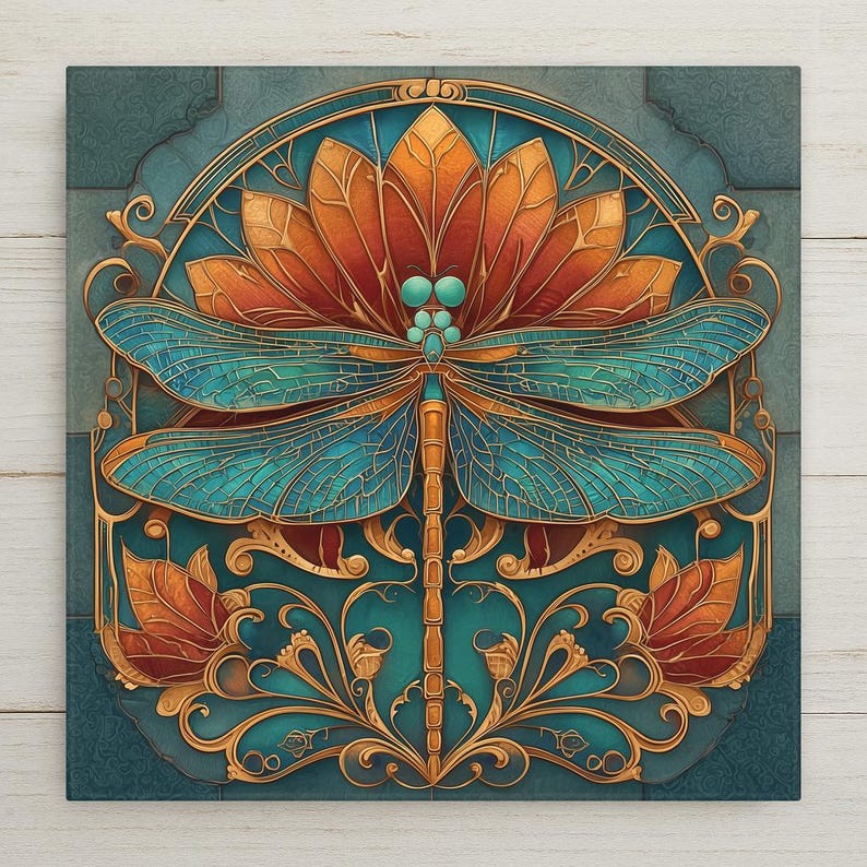 Ornate Art Deco ceramic art tile featuring a single elegant dragonfly with detailed wings against a vintage bronze patina background with antique gold accents, geometric framework, and sunburst rays in classic 1920s vintage bronze, oxidized copper, oxblood, and rich amber palette. Retro Great Gatsby decor with optional tile wall hanger, easel stand, cork backing, or premium frame.