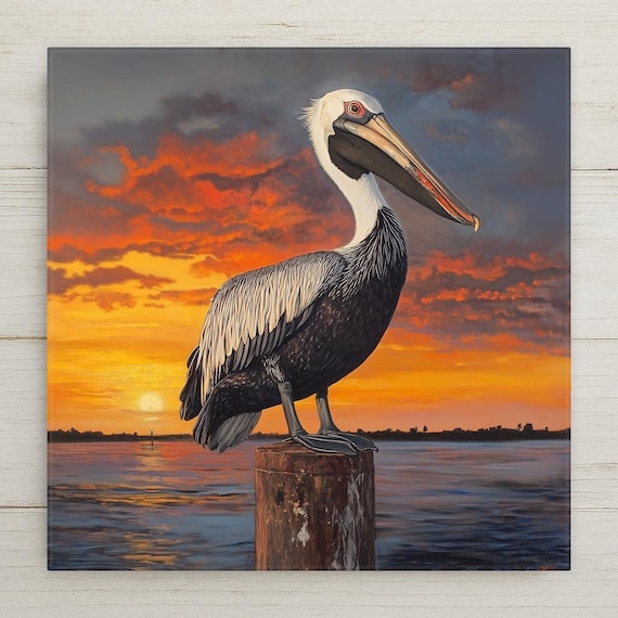 Pelican Tile Art: Ceramic Coastal Seaside Wildlife Sunset Beach Decor for Home, Kitchen, Bathroom