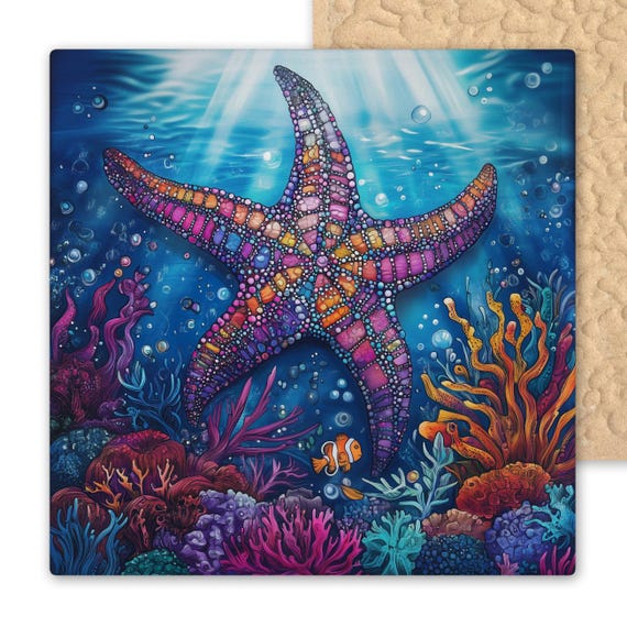 Vibrant Starfish Ceramic Tile Wall Art: Ocean Reef Decor for Beach House, Coastal Bathroom & Nautical Kitchen