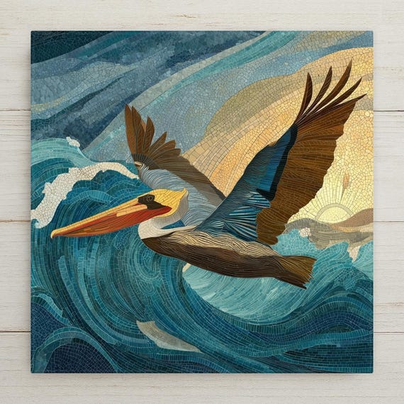 Pelican Flight Ceramic Tile Wall Art - Coastal Ocean Bird Waves Mosaic Nautical Beach Home Decor