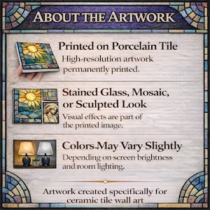 The image is a poster or informational graphic about artwork, featuring three different types of artwork: printed on porcelain tile, stained glass, and stained glass mosaic or sculpture.