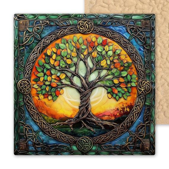Celtic Tree of Life Ceramic Tile Art | Knotwork Autumn Leaves Wall Décor | Irish Spiritual Nature Gift | Pagan Altar Trivet Coaster