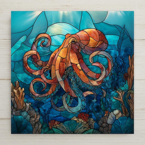 Octopus Ocean Wall Art Ceramic Tile Marine Life Decor Nautical Home Accent Sea Creature Artwork Coastal Room Decor