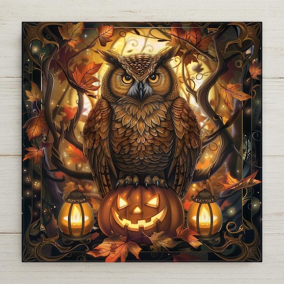 Halloween Owl Wall Art Ceramic Tile Autumn Home Decor Halloween Gift Spooky Decor Pumpkin Art