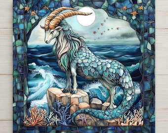 Capricorn Zodiac Stained Glass Style Ceramic Art Tile: Night Sky Wall Decor Celestial Home Decor Wall Art Sea Goat Astrology Zodiac Celes