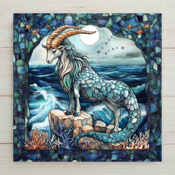 Capricorn Zodiac Sea Goat Ceramic Tile: Stained Glass Astrology Wall Art, Ocean-Inspired Birthday Gift