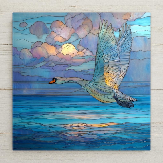 Swan in Flight Ceramic Tile Wall Art – Stained Glass Style Ocean Sunset Wall Decor, Coastal Beach Home Decor, Gift for Nature Lovers