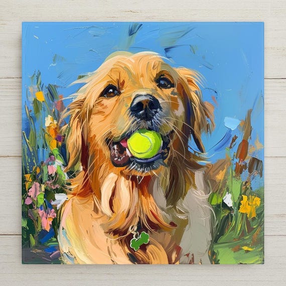Golden Retriever Wall Art Ceramic Tile – Let’s Play Fetch – Golden Retriever Gift – Dog Lover Wall Decor – Golden Retriever Decor