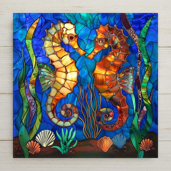 Seahorse Stained Glass Style Ceramic Tile Wall Art - Ocean Coastal Home Decor Nautical Beach House Gift Accent