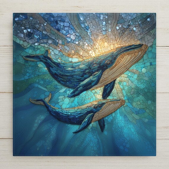 Mother Whale & Calf Ceramic Tile Wall Art – Symbolic Ocean Wall Decor, Bonding Family Art, Meaningful Home Decor Gift