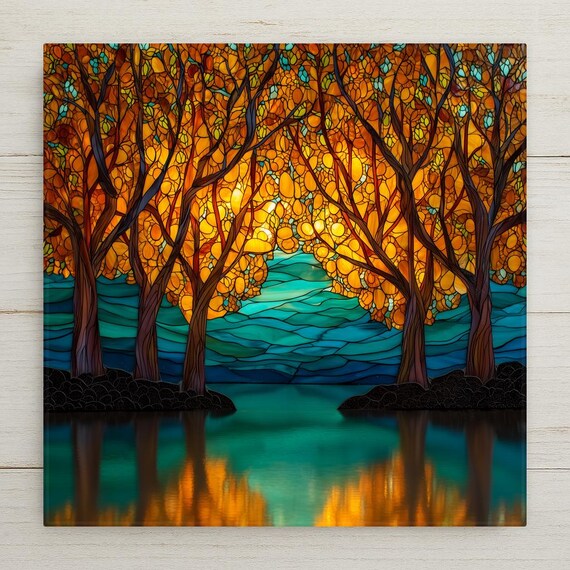 Central Park Stained Glass Style Ceramic Tile Art – Autumn Trees Sunset Reflection Wall Art for Elegant Wall Decor and Home Decor