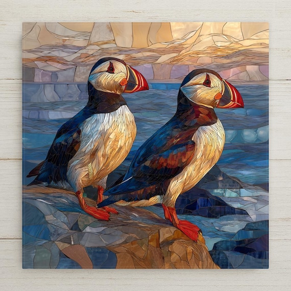 Puffin Pair Ceramic Tile Wall Art – Anniversary Gift for Couples, Symbol of Love and Bonding, Coastal Nature Home Decor