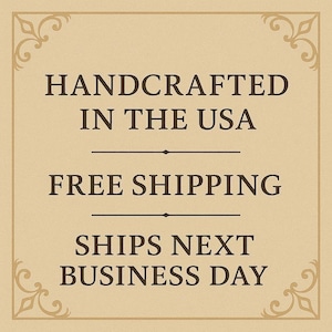 The image is a sign advertising a product, specifically a handmade item, that is free shipping and will be available for business the next day.