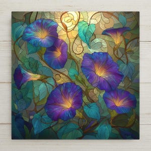 Morning Glory stained glass-style ceramic tile featuring blue and purple flowers with gold accents. Elegant wall art for home decor. Optional tile wall hanger, tile stand, cork backing, and premium frame available. Permanent print on tile, not real stained glass or mosaic.