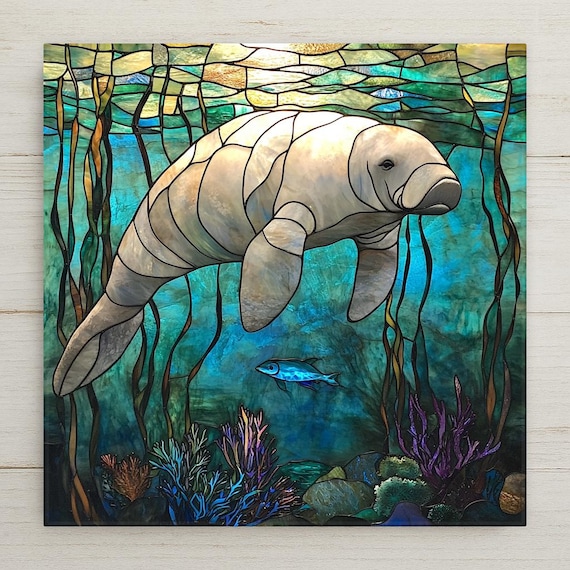 Manatee Ceramic Tile Art: Stained Glass Style Ocean Decor