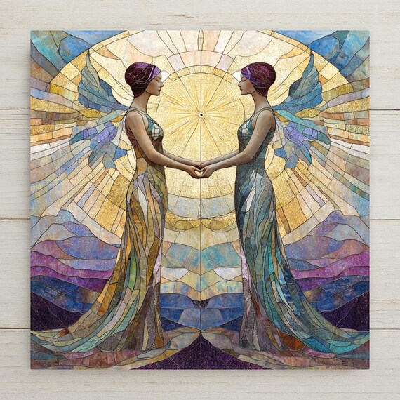 Gemini Zodiac Ceramic Tile: Stained Glass Style Astrology Art